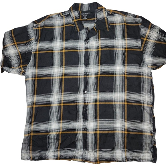 Godbody 3XL Linen Plaid Black Gold Short Sleeve Button Down Camp Shirt Menswear - Picture 3 of 6
